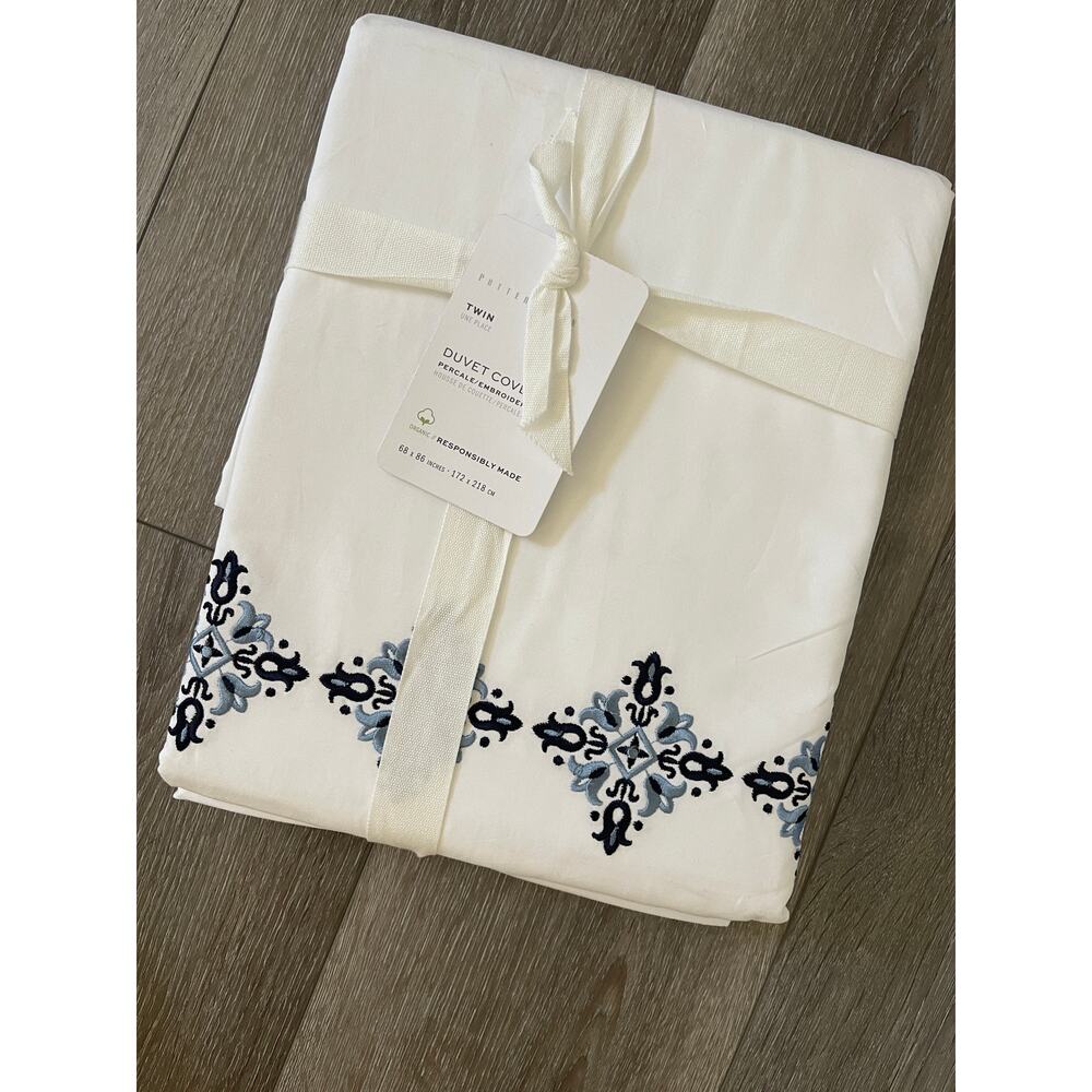 New Pottery Barn Tile Twin Duvet Cover White Blue